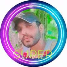 a picture of a man in a hat is surrounded by a purple and blue circle that says super imager