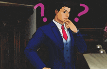 a man in a suit and tie has a question mark on his head