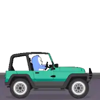a cartoon of a penguin driving a car next to a welc sign
