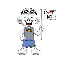 a cartoon character with adopt me written on a flag