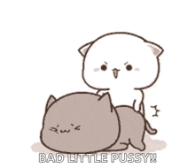 a cartoon cat is riding another cat on its back and says `` bad little pussy '' .