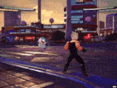 a video game character is fighting another character in a city