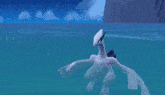 a video game character is standing in the water with a light coming out of its mouth .