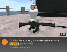 a screenshot of a video of olaf holding a gun with the time of 1:57