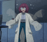 a cartoon character with purple hair and glasses is wearing a lab coat