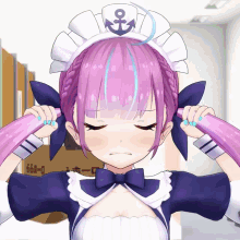a girl with purple hair is wearing a maid outfit