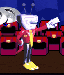 a pixel art drawing of a cartoon character with the letter t on his jacket