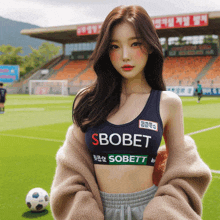 a woman wearing a crop top that says sbobet on it