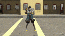 a cartoon character is standing in a parking lot holding a sword .