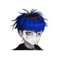 a cartoon character with blue hair and glasses is wearing a mask .