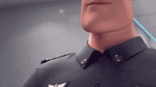 a close up of a man 's neck with a badge on it