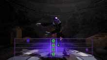 a video game screen shows a character in a purple suit and the letters a b c and d are visible