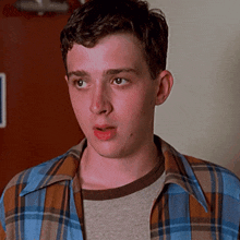 a young man wearing a plaid shirt and a gray shirt