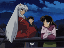 a group of anime characters are standing next to each other and one of them is saying sit