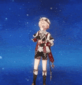 a girl in a cat costume is holding a sword in front of a blue sky filled with stars .