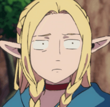 a close up of a cartoon character with blonde hair and white eyes