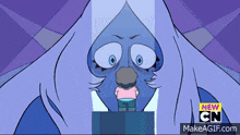 a cartoon of a person standing next to a blue diamond with the words new cn on the bottom