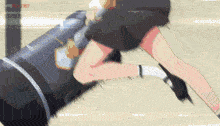 a girl in a skirt is kneeling down in front of a cannon with the word anime on the bottom