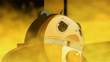 a cartoon character with a yellow background has a very sad look on his face