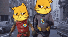 two cartoon cats are walking down a city street one is wearing a batman costume