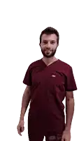 a man wearing a maroon scrub top is pointing up
