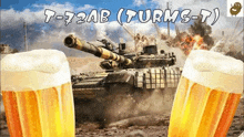two glasses of beer are sitting in front of a tank in a video game .