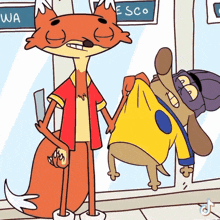 a fox and a dog are standing next to each other in front of a sign that says esco