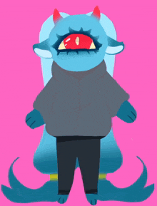 a blue monster with red horns and one eye