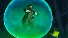 a spongebob character is standing in front of a green sphere