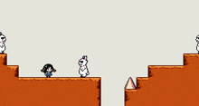 a pixel art of a person standing on a staircase surrounded by cats