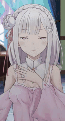 a girl with white hair and a braided flower in her hair