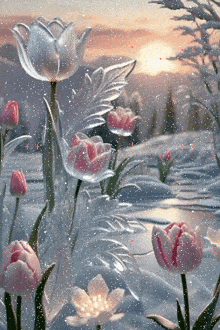 a bunch of pink and white flowers are covered in snow