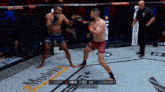 two men are fighting in a boxing ring with the word modelo on the floor