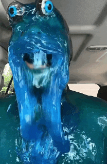 a person is covered in blue slime and looks like a frog with blue eyes