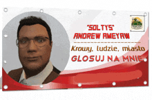 a sign with a picture of a man and the words " soltys andrew ameyaw "