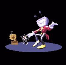 a pixel art drawing of a cartoon character dancing with a cat .