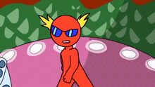 a cartoon drawing of a red axolotl wearing blue sunglasses