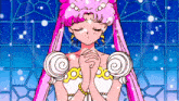 a girl with pink hair and a white dress is praying