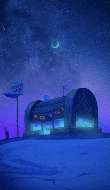 a cartoon drawing of a krusty krab restaurant at night
