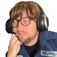 a man wearing glasses and headphones has the word officer on his sleeve
