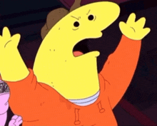 a yellow cartoon character wearing an orange shirt with the letter t on it