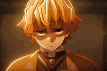 a close up of a yellow haired anime character with yellow eyes