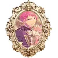 a picture of a man with pink hair is in a gold frame