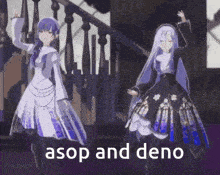 a couple of anime girls are standing next to each other with the words asap and deno written on the bottom
