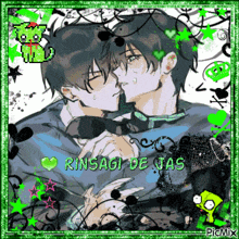 a picture of two boys kissing with the words rinsagi de jas in green