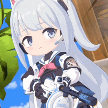 a girl with white hair is holding a gun with graffiti on it