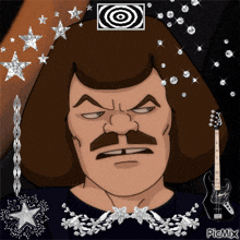 a cartoon of a man with a mustache and a guitar says picmix on the bottom right