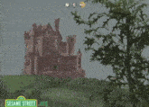 a painting of a castle with the words sesame street .org below it