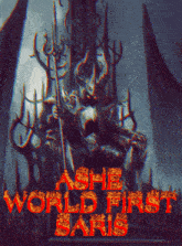 a painting of a demon with the words " ash the world first " written in red