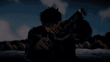 a blurry picture of a man holding a sword with a blue background